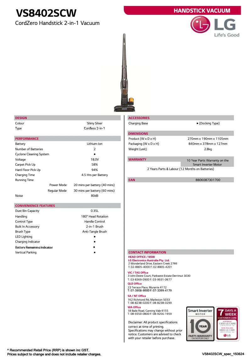 Página 1 del manual Ficha técnica LG VS8402SCW