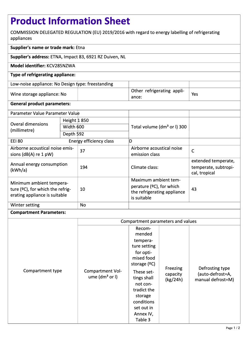 Página 1 del manual Ficha técnica Etna KCV285NZWA