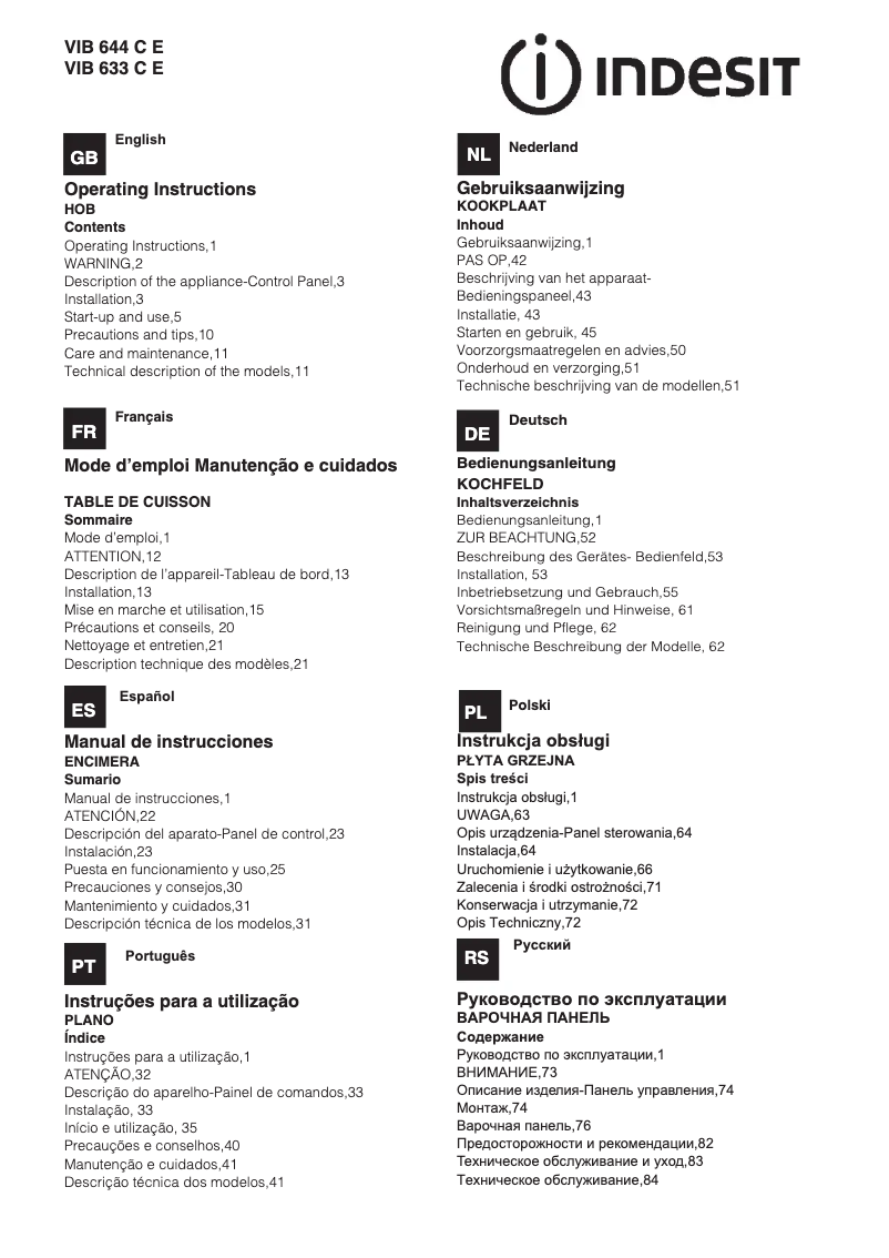 Página 1 del manual Manual de usuario Indesit VIB 644 C E