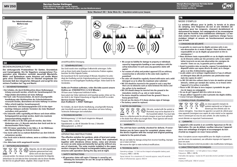 Imagen de la primera página del manual del dispositivo MV 250