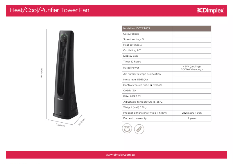 Página 1 del manual Ficha técnica Dimplex DCTF3HCP