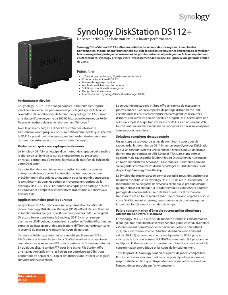 Página 1 del manual Ficha técnica Synology DiskStation DS112+