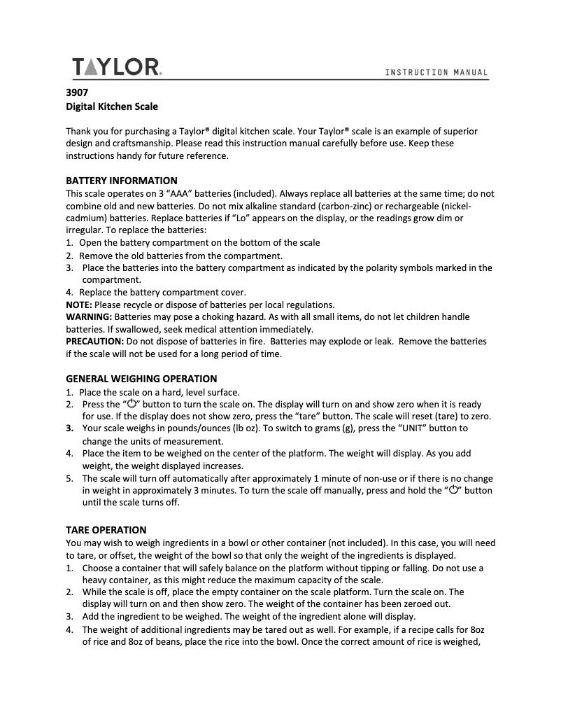 Página 1 del manual Manual de usuario Taylor 3907