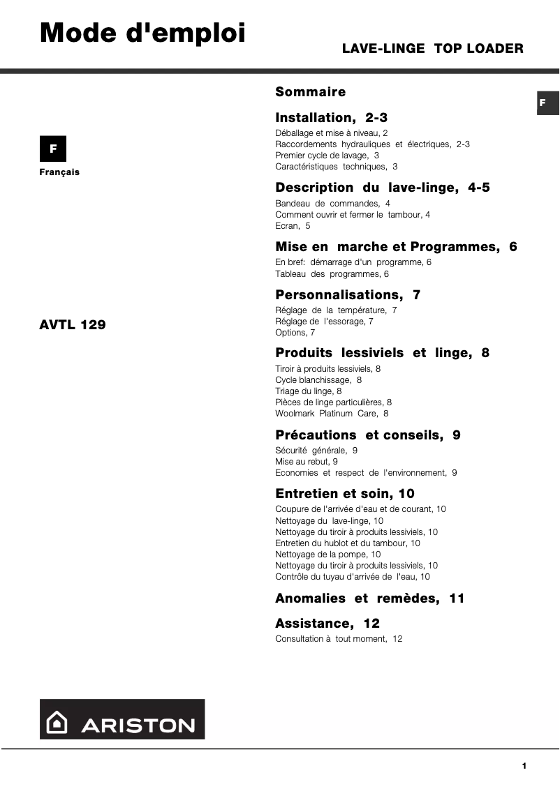 Página 1 del manual Manual de usuario Ariston Thermo AVTL129