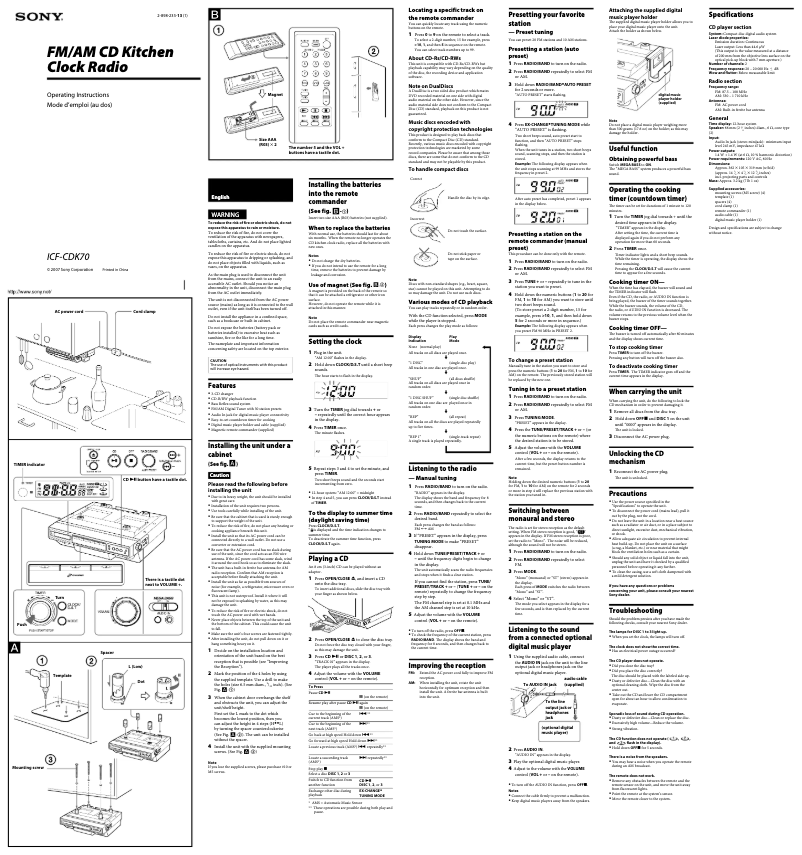 Imagen de la primera página del manual del dispositivo ICF-CDK70