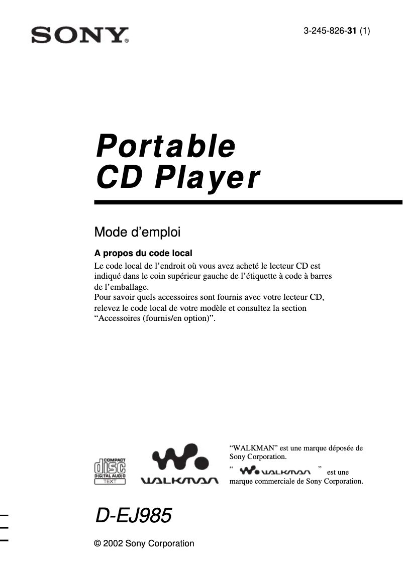 Imagen de la primera página del manual del dispositivo Walkman D-EJ985