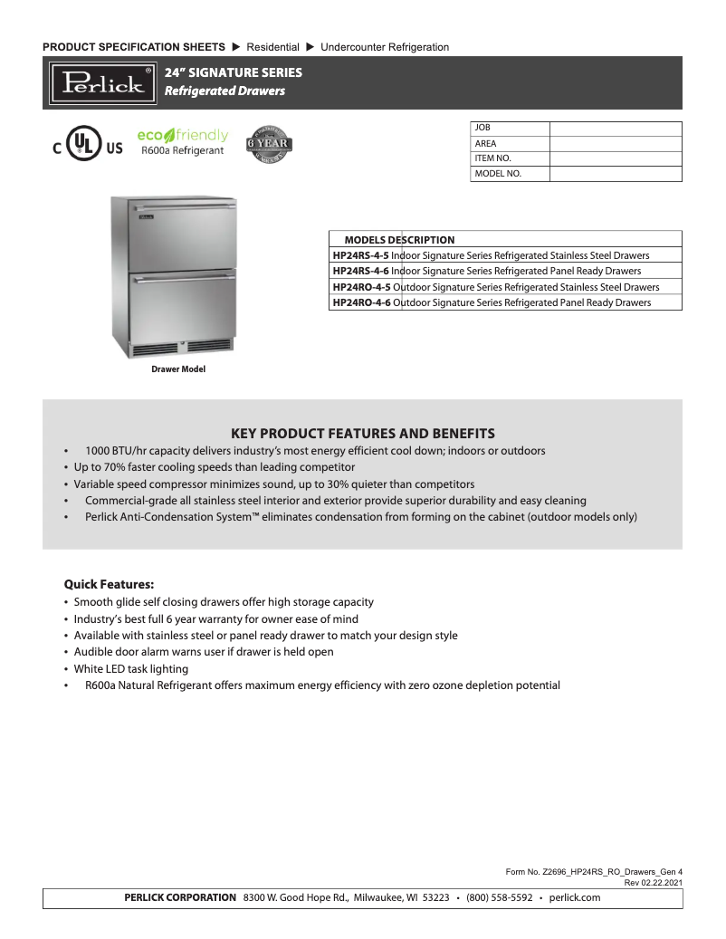 Página 1 del manual Ficha técnica Perlick HP24RS-4-6