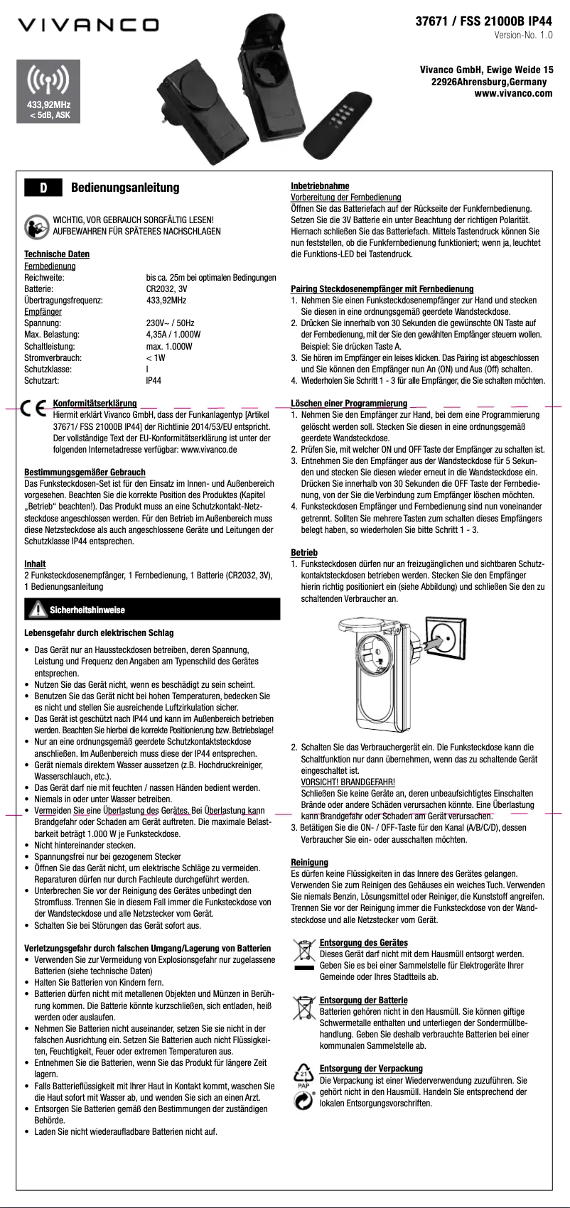 Imagen de la primera página del manual del dispositivo FSS 21000B IP44