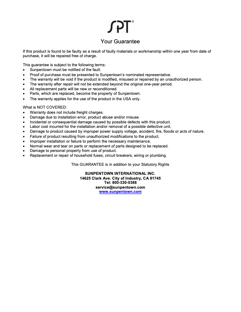 Página 1 del manual Información de garantía SPT SD-300ML