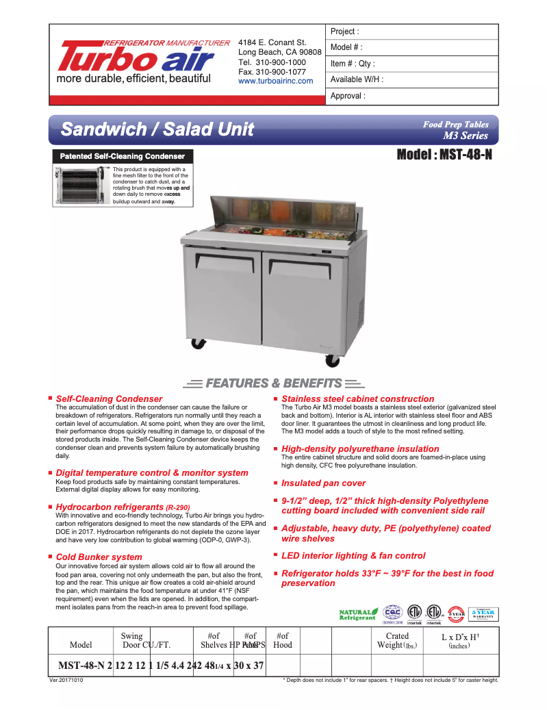 Página 1 del manual Ficha técnica Turbo air MST-48