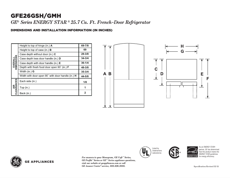 Página 1 del manual Ficha técnica GE GFE26GSHSS