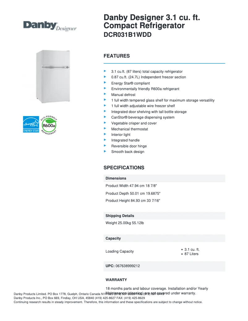 Página 1 del manual Ficha técnica Danby DCR031B1WDD