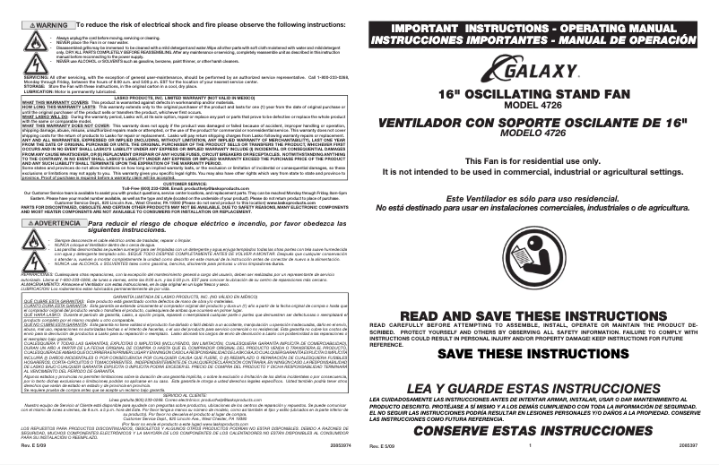 Página 1 del manual Manual de usuario Lasko 4726