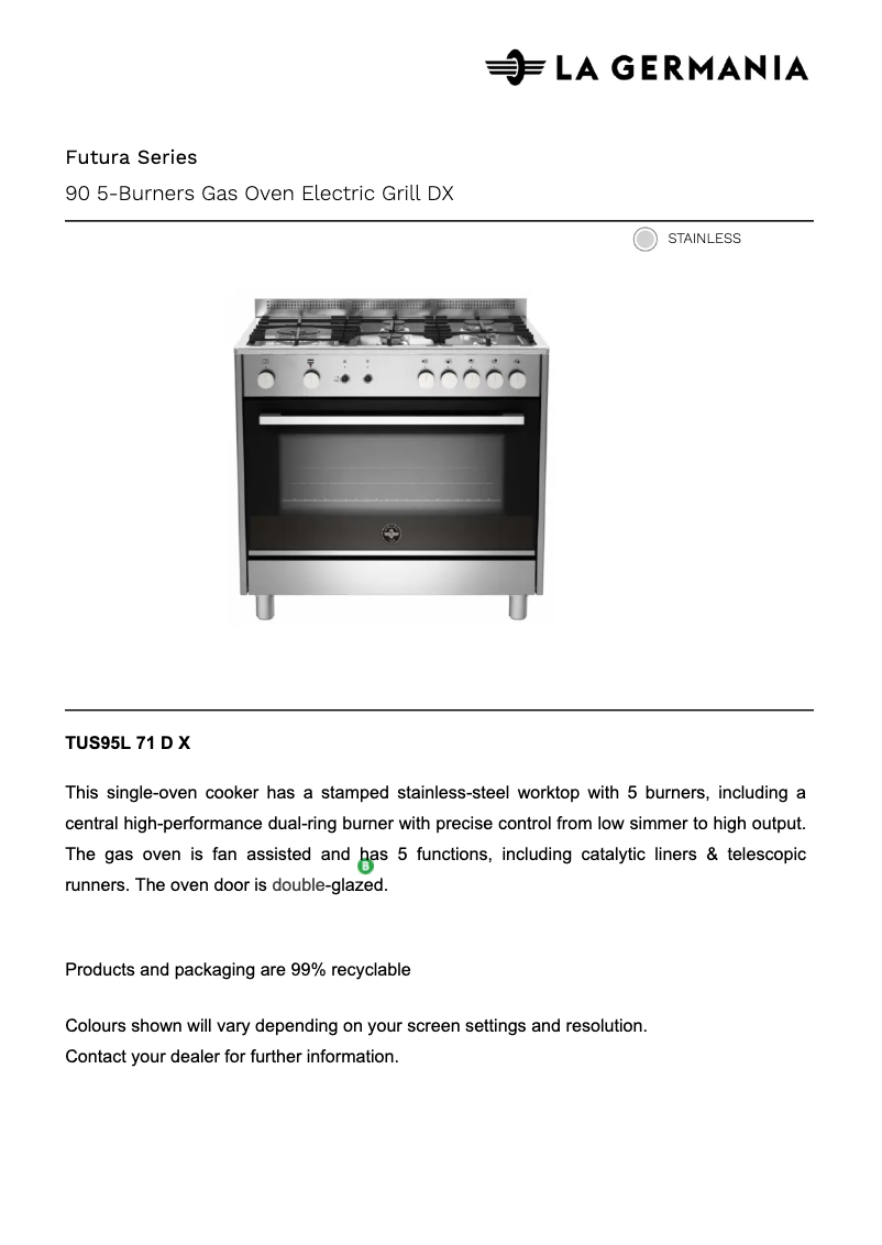 Página 1 del manual Ficha técnica La Germania TUS95L71DX