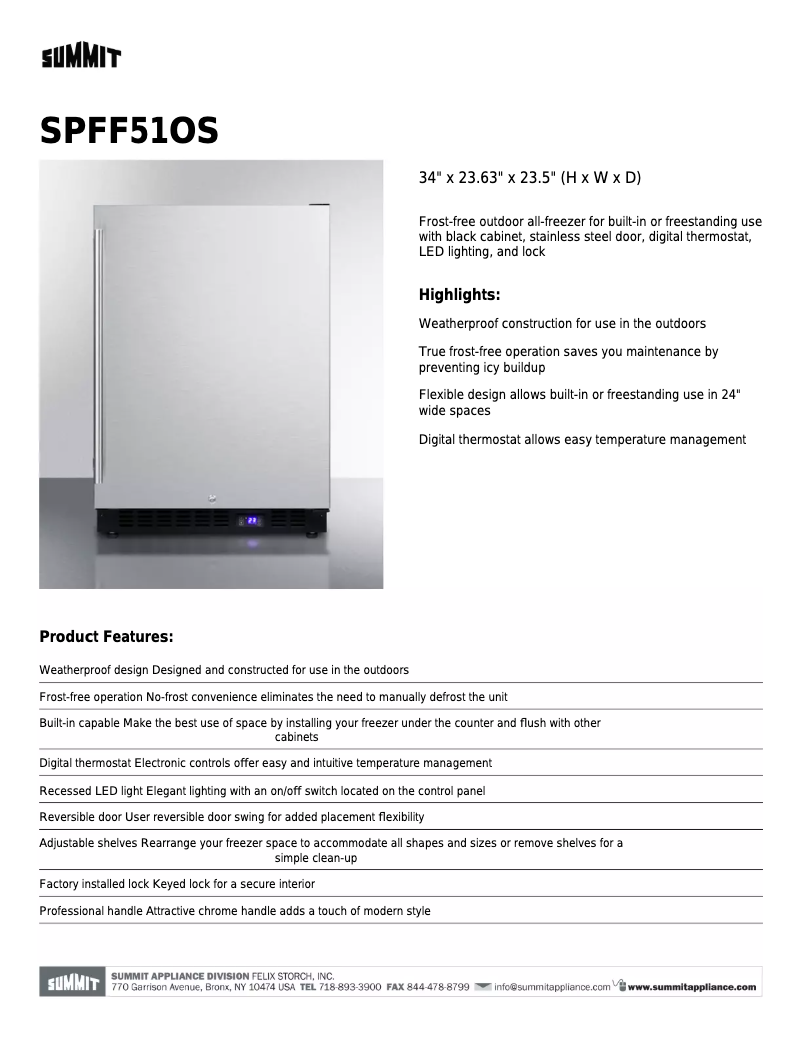 Página 1 del manual Ficha técnica Summit SPFF51OS