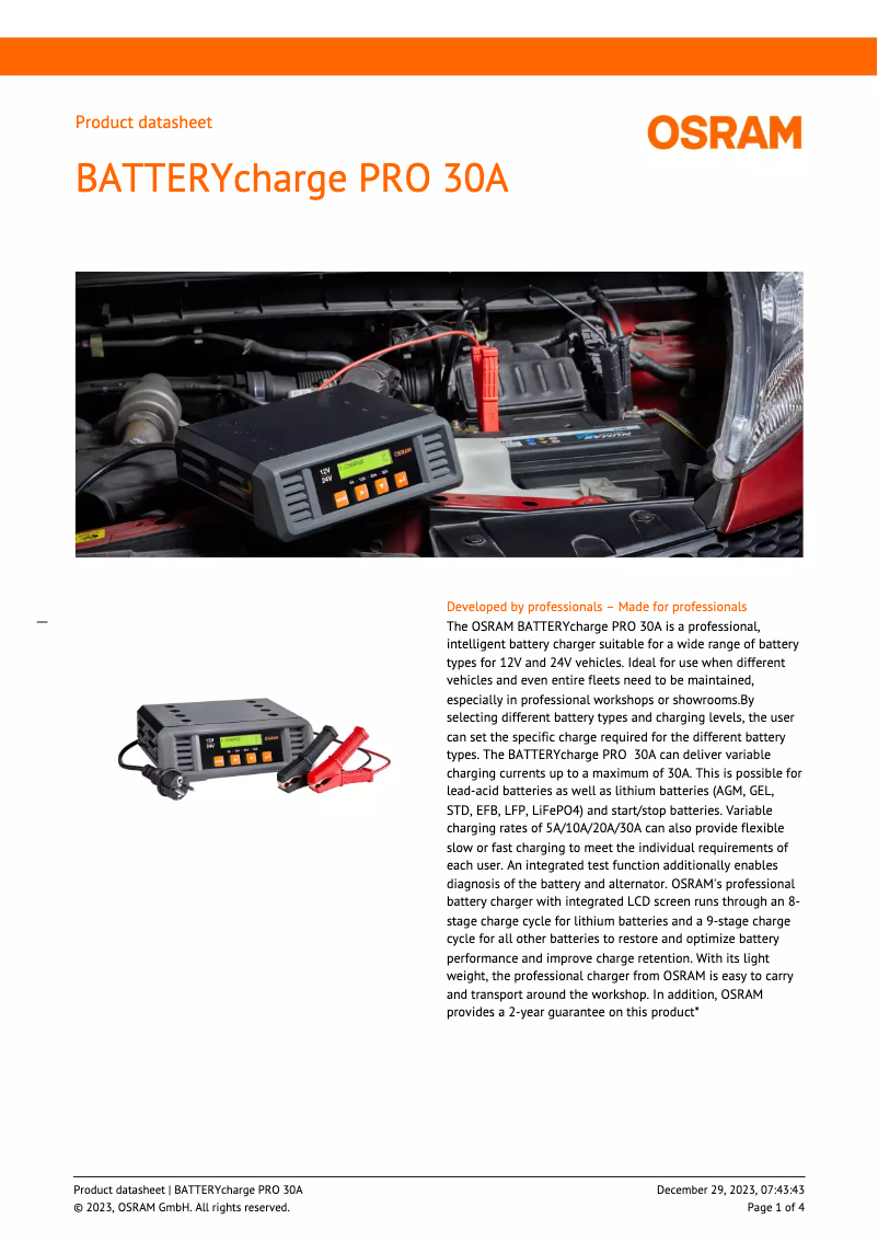 Página 1 del manual Ficha técnica Osram BATTERYcharge PRO 30A