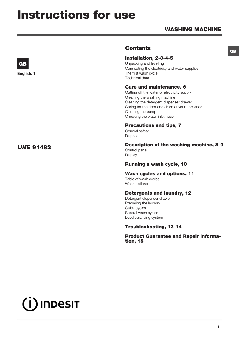 Página 1 del manual Manual de usuario Indesit LWE 91483 W UK