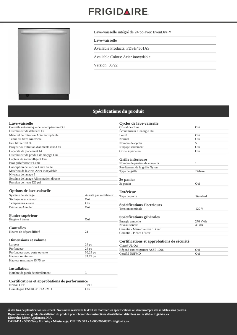 Página 1 del manual Ficha técnica Frigidaire FDSH4501AS