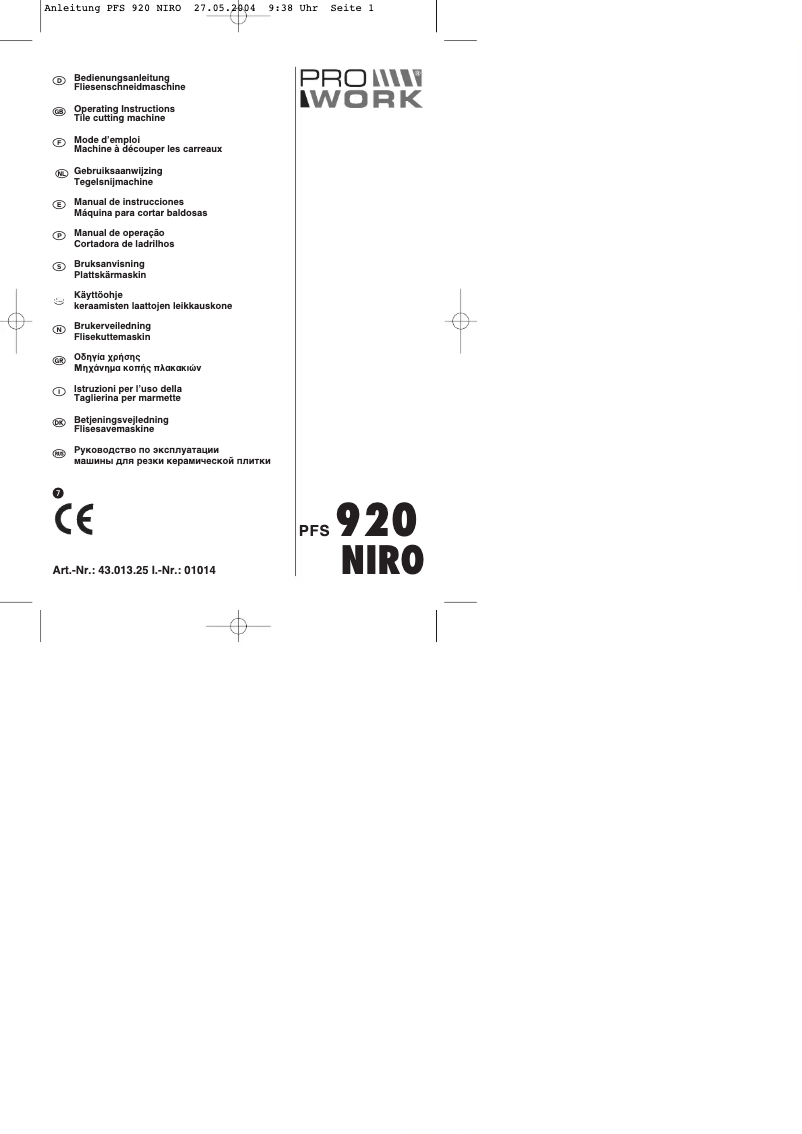 Página 1 del manual Manual de usuario Prowork PFS 920 Niro