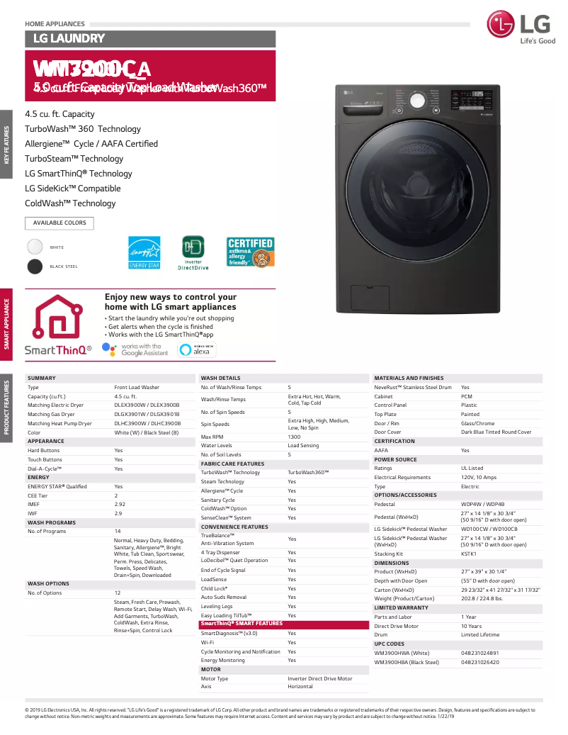 Imagen de la primera página del manual del dispositivo WM3900HBA