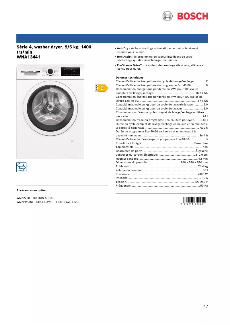 Página 1 del manual Ficha técnica Bosch WNA13441