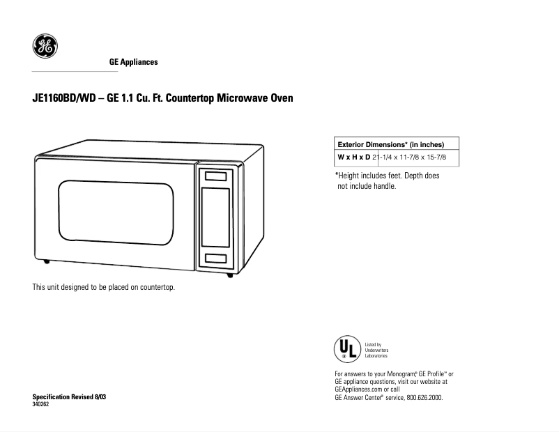 Página 1 del manual Ficha técnica GE JE1160BD