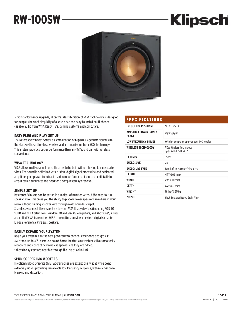 Página 1 del manual Ficha técnica Klipsch RW-100SW