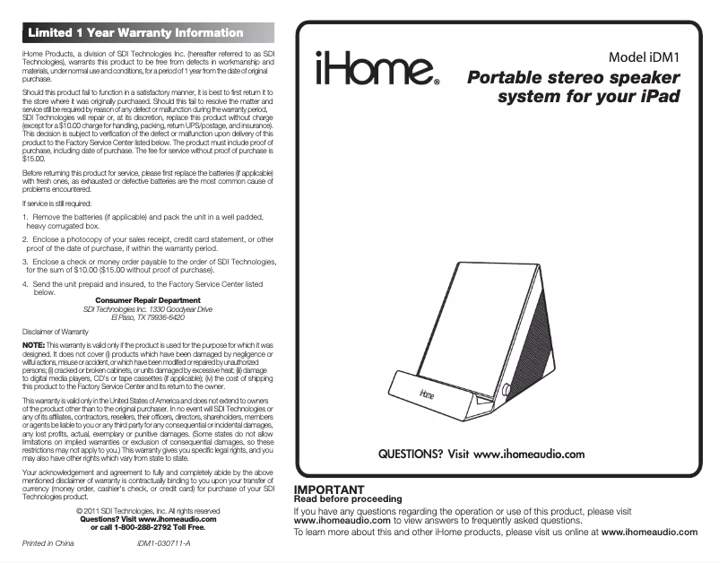 Página nº 1 - Manual de usuario iHome iDM1