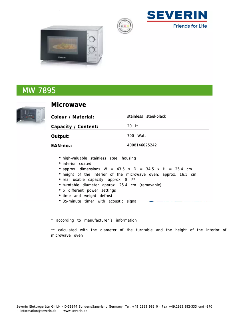 Página 1 del manual Ficha técnica Severin MW 7895