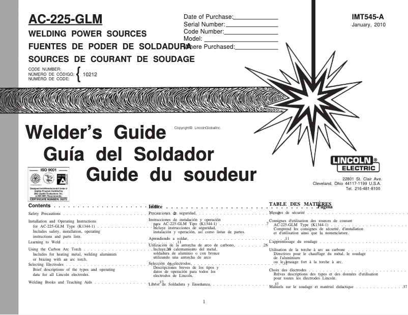 Página nº 1 - Manual de usuario Lincoln Electric AC-225-GLM