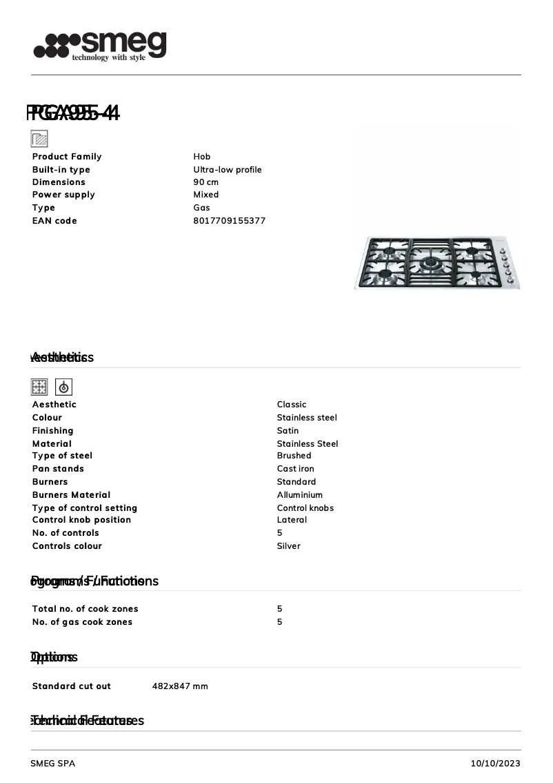 Página 1 del manual Ficha técnica Smeg PGA95F-4
