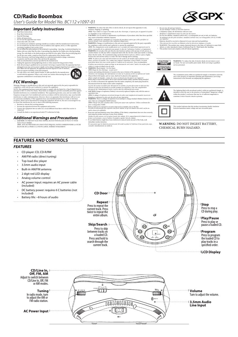 Página 1 del manual Manual de usuario GPX BC112B