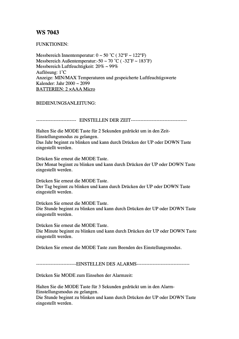 Imagen de la primera página del manual del dispositivo WS 7043