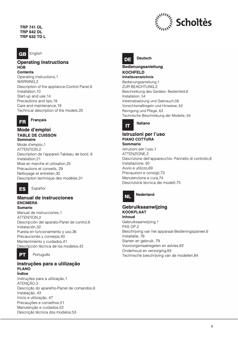 Página 1 del manual Manual de usuario Scholtès TRP 642 D L