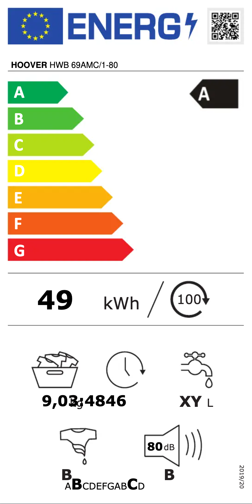 Página 1 del manual Etiqueta energética Hoover H-WASH 500 HWB 69AMC/1-80