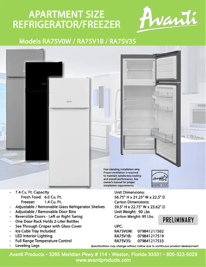 Página 1 del manual Ficha técnica Avanti RA75V3S