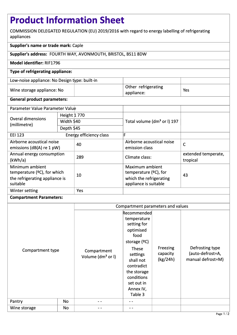 Página nº 1 - Ficha técnica Caple RIF1796