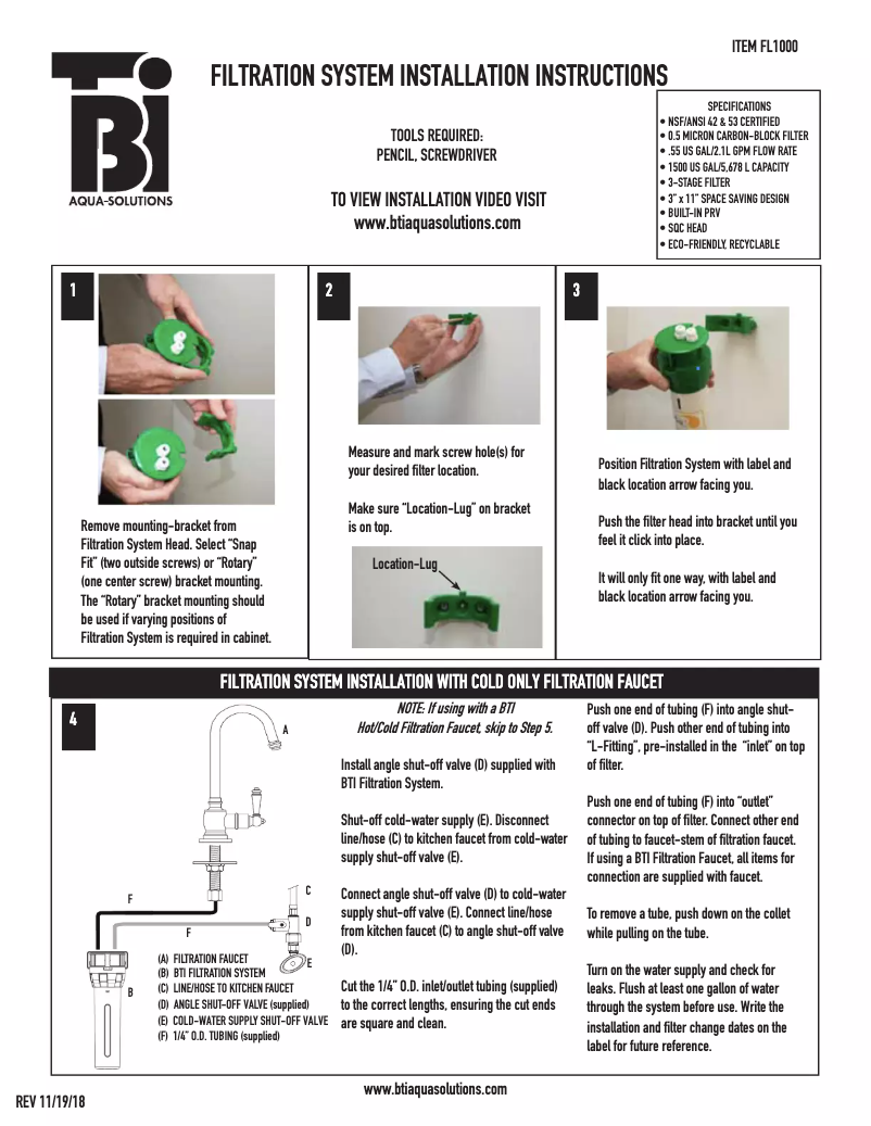 Página 1 del manual Guía de instalación BTI Aqua-Solutions FL1000
