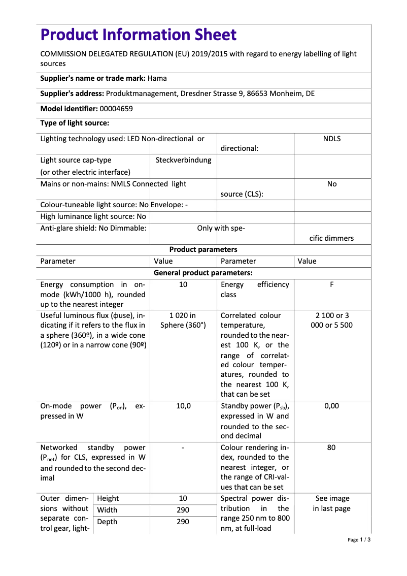 Página nº 1 - Ficha técnica Hama SpotLight Steady 120 II