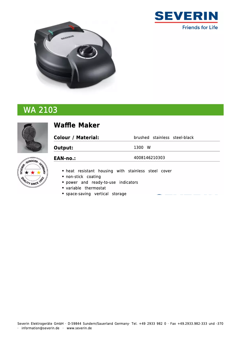 Página 1 del manual Ficha técnica Severin WA 2103