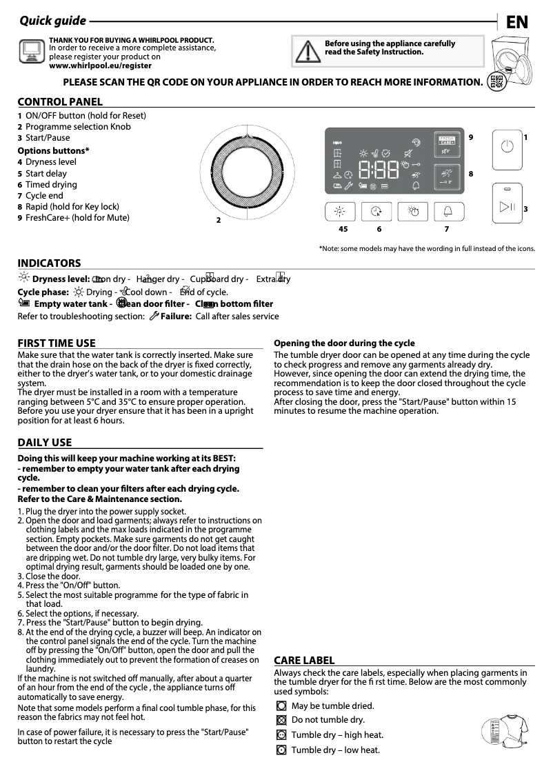 Página nº 1 - Manual de uso y mantenimiento Whirlpool FFT M11 82 BE
