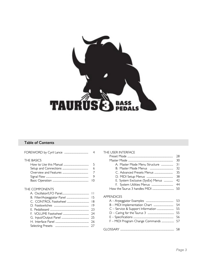 Imagen de la primera página del manual del dispositivo Taurus III Bass Pedals