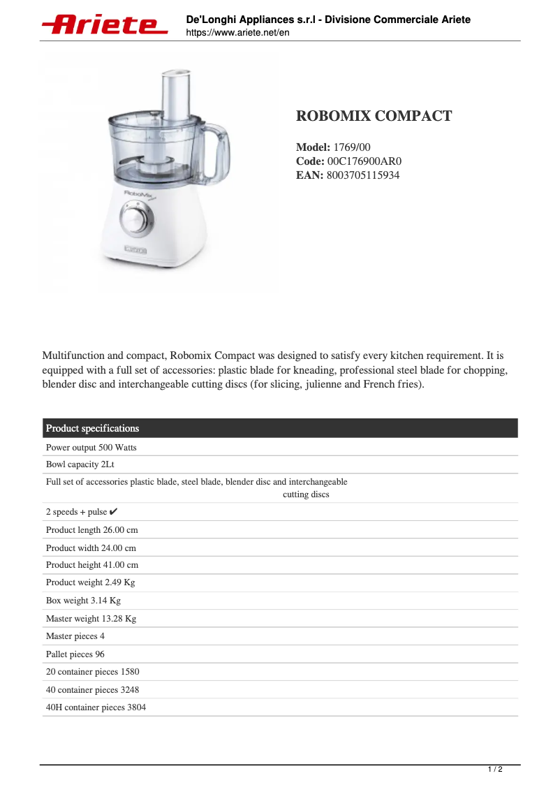 Imagen de la primera página del manual del dispositivo RoboMix Compact 1769
