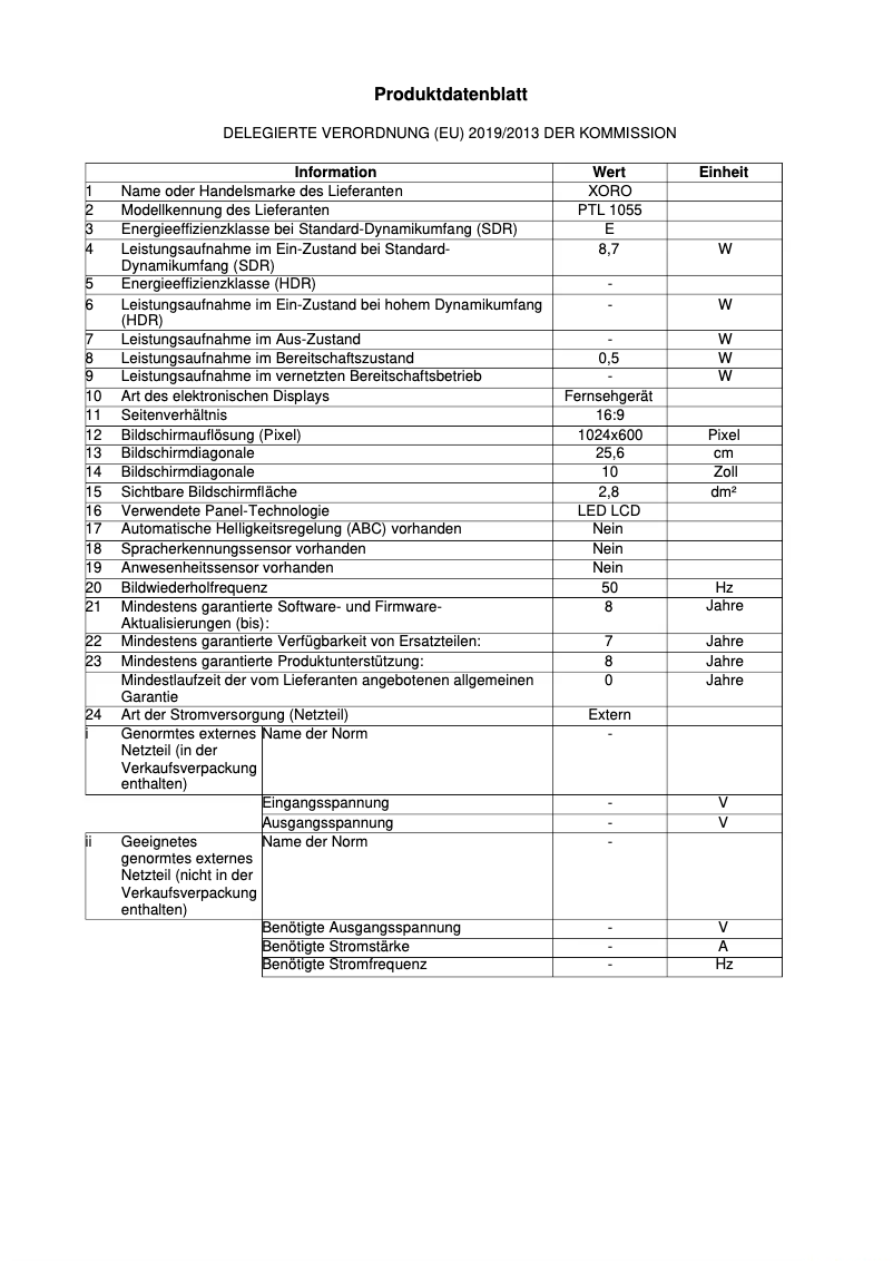 Página 1 del manual Etiqueta energética Xoro PTL 1055
