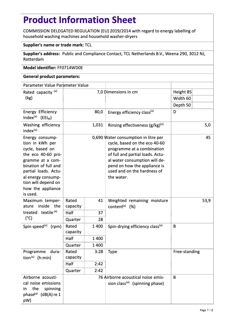 Página 1 del manual Ficha técnica TCL FF0714WD0