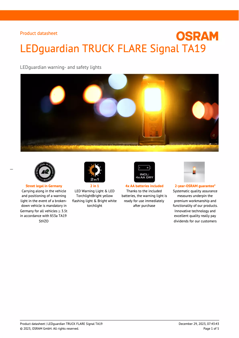 Página 1 del manual Ficha técnica Osram LEDguardian TRUCK FLARE Signal TA19