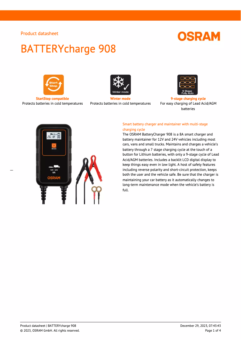Página 1 del manual Ficha técnica Osram BATTERYcharge 908