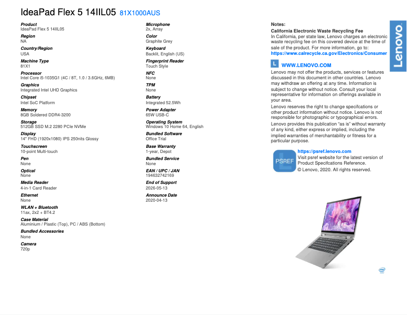 Imagen de la primera página del manual del dispositivo IdeaPad Flex 5
