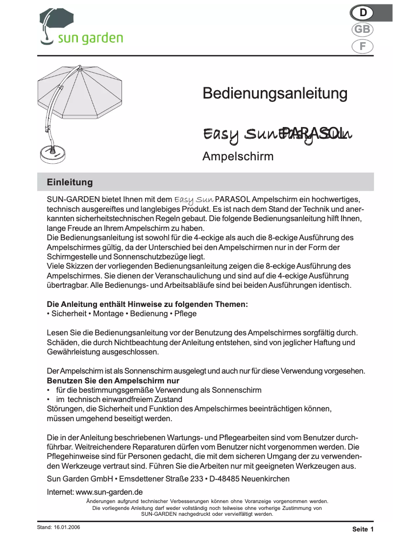 Página 1 del manual Manual de usuario Sun Garden Easy Parasol