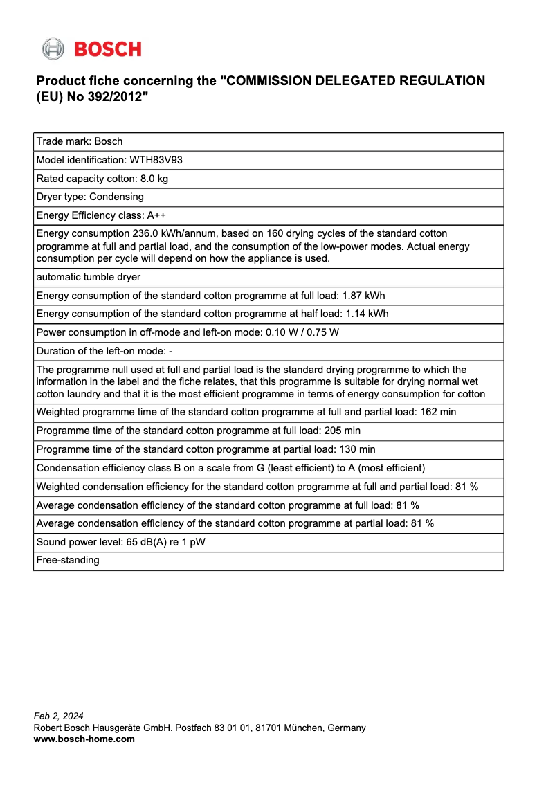 Página 1 del manual Ficha técnica Bosch WTH83V93
